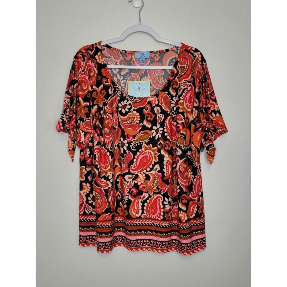CeCe black red tie sleeves bold vacation resort cruise blouse plus size top 3x
